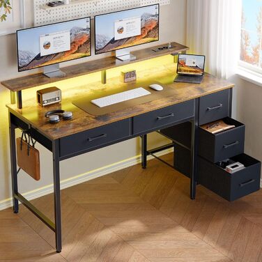 Комп&39ютерний стіл Seventable з розетками та світлодіодним освітленням, ігровий стіл 120 см з 5 шухлядами, ігровий стіл з підставкою для монітора, для офісу, кабінету, спальні, вітальні, вінтажний коричневий, 120 см