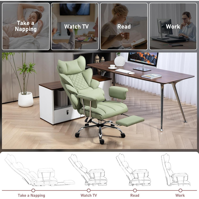 Офісне крісло 200 кг з підставкою для ніг - Ергономічне ігрове та крісло для керівників з функцією повороту на 360, регульованою спинкою на 90-135 та м&39якими підлокітниками для оптимального комфорту (Звичайне, Зелене) Зелене Звичайне