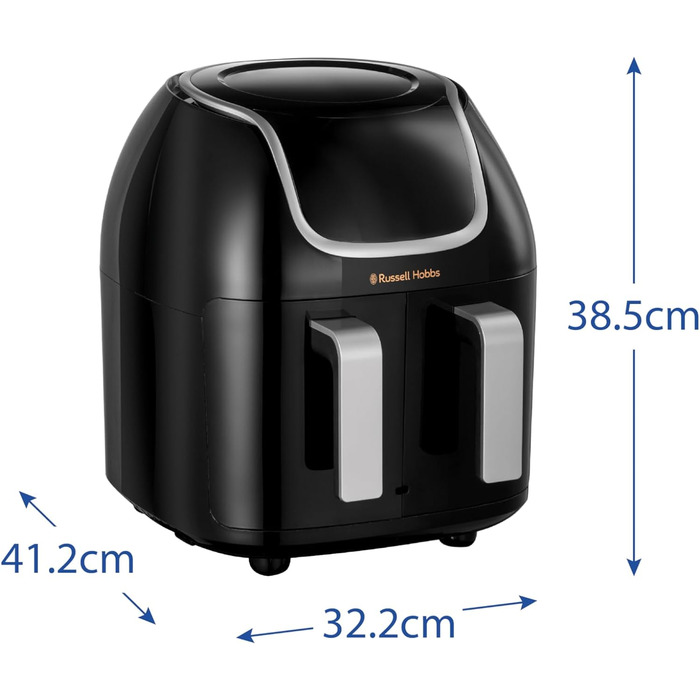 Двокамерна фритюрниця Russell Hobbs 2 відділення кожне 4,25 л, можна використовувати лише окремо, загальний об'єм 8,5 л Технологія швидкої фритюрниці (8 програм, можна мити в посудомийній машині, сенсорний екран) Аерофритюрниця 27290-56S