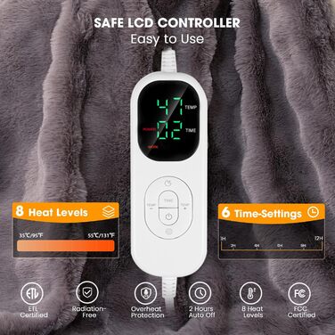 Електрична ковдра з підігрівом Uplayteck, 200x150 см, 8 температурних режимів, 6 таймерів, електрична ковдра з підігрівом та автоматичним вимиканням, швидкий нагрів, м&39яка фланелева ковдра, яку можна прати