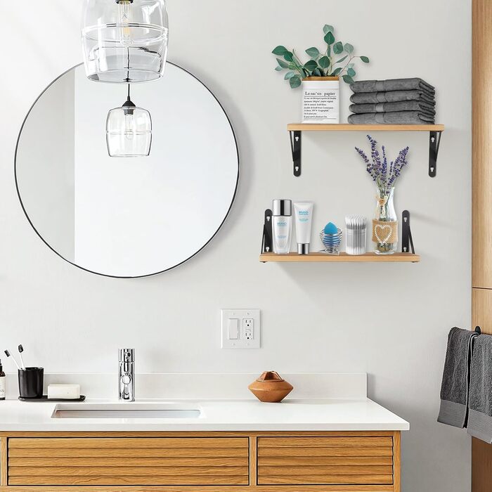 Настінна дерев&39яна полиця Uten Rustic, плаваюча полиця 42 см, комплект з 2 предметів з металевим дротом для вітальні, спальні, кухонної полиці, кольору дерева, вінтажний світло-коричневий B - колір дерева