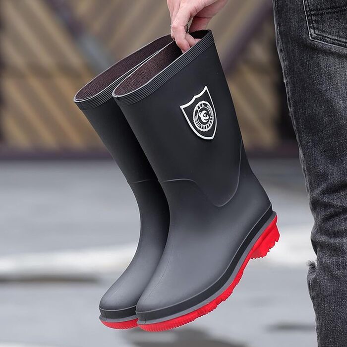 Водонепроникні гумові чоботи Pangolin для жінок та чоловіків, гумові чоботи до середини литки з нековзною підошвою, легко взувати та знімати, робочі чоботи для садівництва, роботи, подвір&39я, чорні/червоні, EU 45