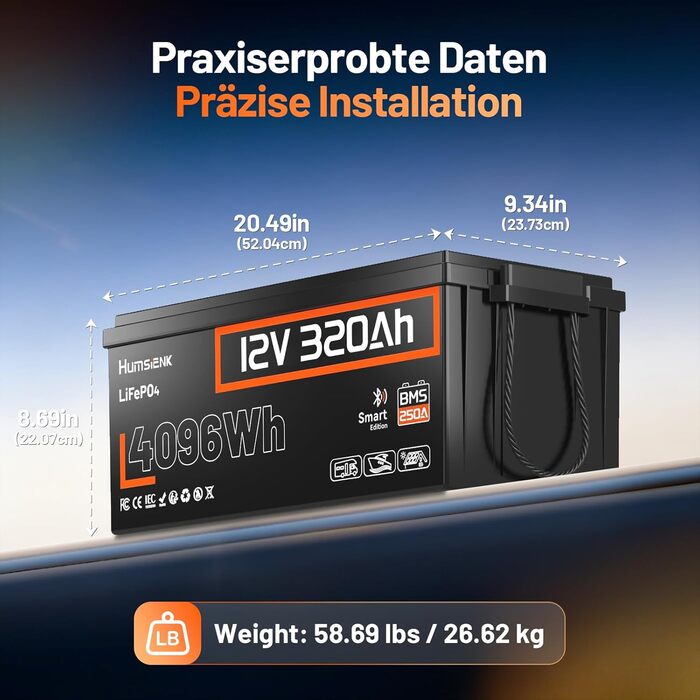 Літій-іонний акумулятор HumsiENK 12V 320Ah LiFePO4 з Bluetooth, 250A BMS, понад 15 000 циклів, захист IP65 та захист від низьких температур, енергія 4096 Втгод. Ідеально підходить для автофургонів. 12V 320Ah Bluetooth-250A