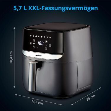 Фритюрниця MEDION E50 XL (кошик для смаження 5,7 літра, приблизно 1700 Вт, цифрова панель керування, 8 автоматичних програм, смаження без олії, таймер 30 хв, захист від перегріву, MD10532) чорний 5,7 літрів Чорний