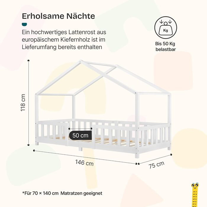 Дитяче ліжко Treviolo House 70 x 140 см, дерев&39яне, з поручнями, каркас ліжка Монтессорі з рейковою основою, соснове дерево, біле, 70 x 140 см