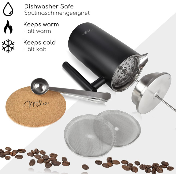 Кавоварка для френч-пресу Milu 350 мл, 600 мл, 1 л Прес для кави з нержавіючої сталі, кавоварка для домашнього туристичного кемпінгу з підставкою, ложкою, змінним фільтром (чорний, 350 мл (2 чашки) Чорний 350 мл (2 чашки)