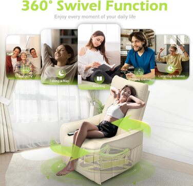 Крісло для телевізора, масажне крісло з функцією відкидання, крісло для релаксації з підігрівом та масажем, крісло для телевізора з поворотом на 360 для вітальні, крісло-гойдалка з м&39яким підголівником, 2 бічні кишені, ПУ кремово-білий колір