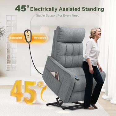 Крісло-реклайнер для телевізора з підйомником, електричне масажне крісло з функцією відкидання, масажем та підігрівом, крісло для телевізора, шезлонг, м&39яке крісло, крісло для вітальні з 2 пультами дистанційного керування, сірий