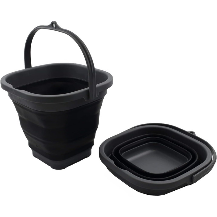 Л Super Mini Square Foldable Plastic Bucket - Складне квадратне відро - Портативне відро для води - Економія місця на відкритому повітрі (сірий/чорний (набір 2), 2) Сірий/чорний (набір 2) 2, 2,6