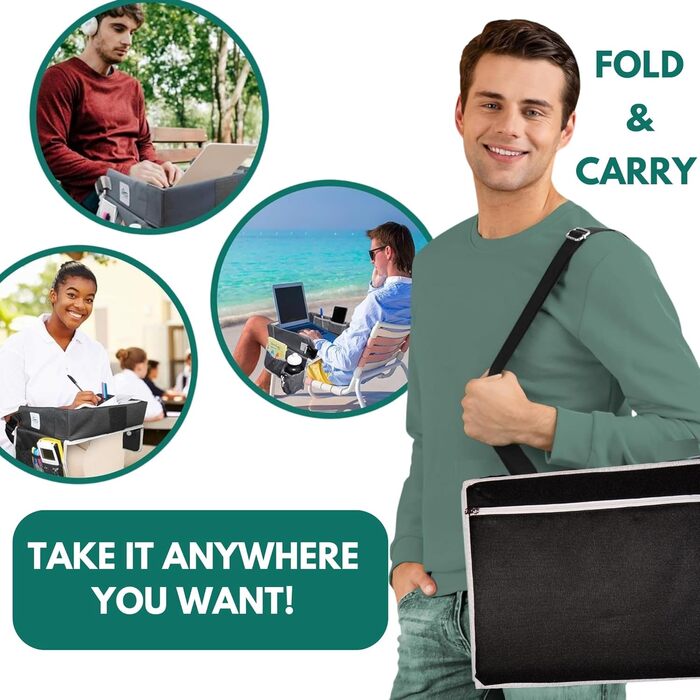 Мобільний робочий стіл для ноутбука та планшета TravelMate зручний піднос для подорожей, навчання та роботи з сумкою для зберігання, регульованим ременем та чохлом для планшета (до 15.6 дюймів), чорний