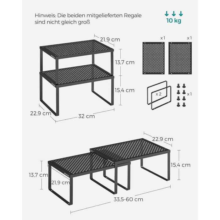 Стійка для спецій, Набір з 4 шт. , Кухонна полиця, Кухонний органайзер, Кухня, Тримач для спецій, Розширюваний, Штабелюється, Маленька полиця, Метал, Чорнильно-чорний KCS006B01