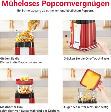 Машина для приготування попкорну YASHE Retro, машина для приготування попкорну з гарячим повітрям потужністю 1200 Вт з мірним стаканчиком, одним дотиком, без олії, ідеально підходить для домашнього кінотеатру, вечорів кіно, вечірок