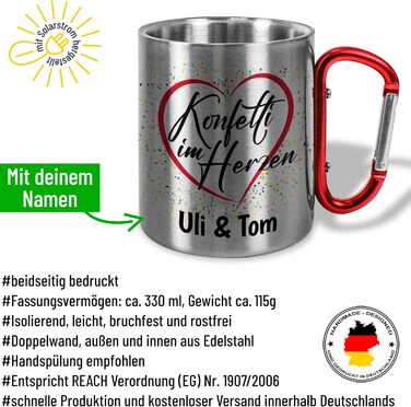 Правдиві твердження для карнавалу та парадів Весела металева кружка з нержавіючої сталі з карабіном, приблизно 330 мл, персоналізоване Конфетті в серці Карнавал/Марді Гра, без кришки, червона ручка