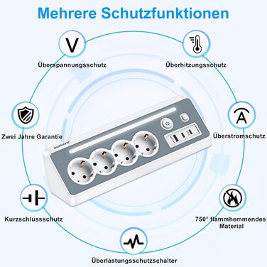 Розетка з USB і 2 Type-C, кутова розетка на 4 відділення, кутова розетка зі світлодіодним підсвічуванням, захист від перенапруги 3