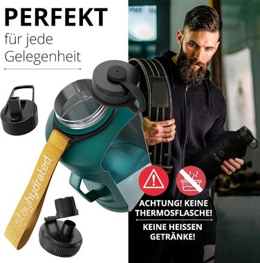 Пляшка для пиття BeMaxx з нержавіючої сталі ACTIVE FLASK соломинка (3 кришки) Велика спортивна пляшка об'ємом 2,2 літра без бісфен