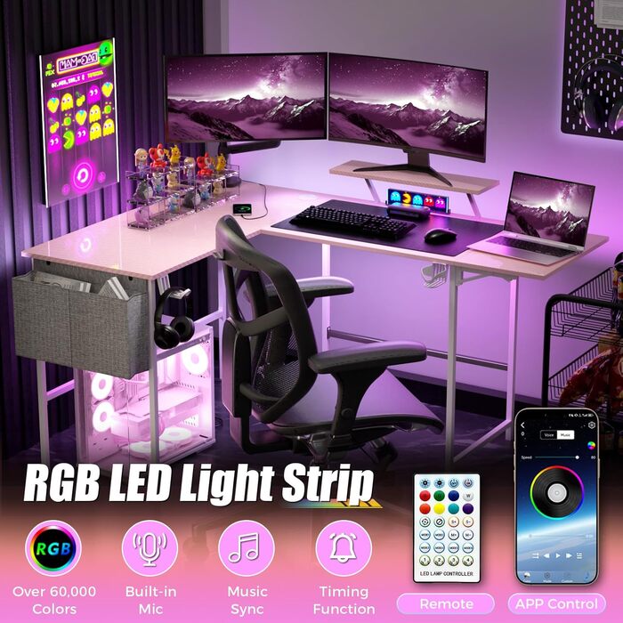 Ігровий стіл із розумним світлодіодним освітленням, L-подібний стіл із подовжувачем для домашнього офісу, кутовий стіл 120-150 см з розеткою, сумка для зберігання, підставка для монітора, білий
