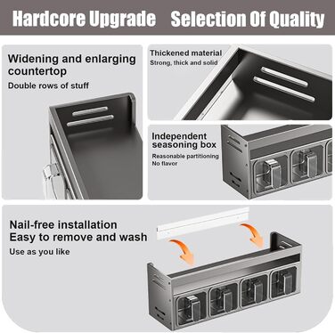 Підставка для спецій з банками для спецій, окремостояча та настінна підставка для спецій, банки для спецій з полицею, підставка/тримач для спецій, органайзер для спецій для кухонної стільниці та шафи, підвісні підставки для спецій (не потребує свердління)