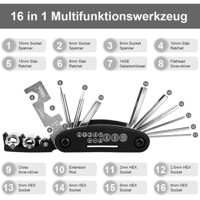 Велосипедні багатофункціональні інструменти 16 в 1. Набір інструментів для ремонту велосипедів, складний багатофункціональний інструмент MTB Patch Kit. Важелі для шин із сідельною сумкою