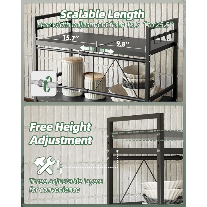 Розширювана полиця для мікрохвильової печі NETEL, 2-рівнева, полиця над мікрохвильовою піччю, підставка для мікрохвильової печі на стільницю, кухонна полиця для духовки/кавоварки, стабільна підставка для мікрохвильової печі з 8 гачками, чорна, 2-рівнева -