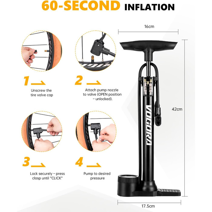 Велосипедний насос VOGORA, підлоговий, 16.5 дюймів (~42 см), 11 бар / 160 PSI, інтегрований циліндр (сталь), чорний