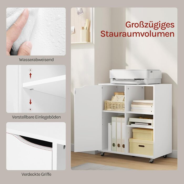 Шафа для документів WOLTU з колесами, стіл для принтера з 3 відкритими відділеннями, 1 дверцята, регульовані полиці, для дому та офісу, 60x70x35 см, білий