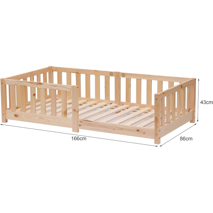Дитяче ліжко ecomi 80x160 із захистом від падіння, Ліжко на підлозі, Рейкова основа для дітей, Дитячі ліжка для дівчаток та хлопчиків, Масив сосни з натуральним покриттям, 80 x 160 см