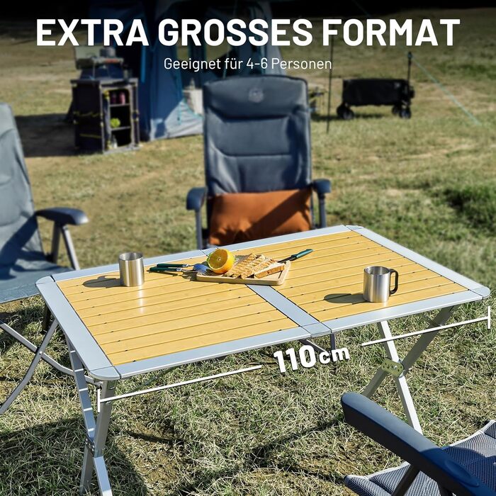 Складаний кемпінговий стіл TIMBER RIDGE 110x70 см, розкладний стіл для 4-6 осіб, алюмінієвий розкладний стіл зі стільницею, що згортається, сумка для перенесення, імітація дерева, для пікніків, саду, походів, подорожей
