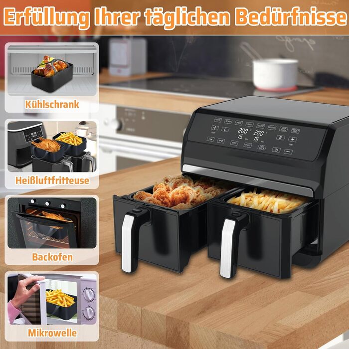 Набір аксесуарів для фритюрниці з 9 предметів для Ninja Foodi Dual AF300EU, AF400EU, Princess 182068, включаючи силіконову вставку для фритюрниці та решітки для фритюрниці тощо, аксесуари для фритюрниці з подвійними кошиками 7.6 л-9.5 л тип A