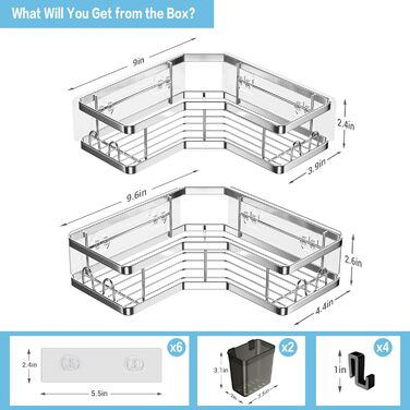 Полиця для душу FINIBO, не потребує свердління, 2 самоклеючі кутові органайзери для ванної кімнати, полиця для душу з нержавіючої сталі з 4 гачками та 2 тримачами для зубної пасти, чорний душовий кошик, кошик для душу для ванної кімнати та кухні, срібляст