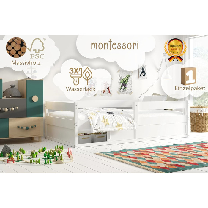 Дитяче ліжко Interbeds, підлогове дерев&39яне ліжко, односпальне ліжко Монтессорі із захистом від падіння та рейковою основою 160x80 см (біле)