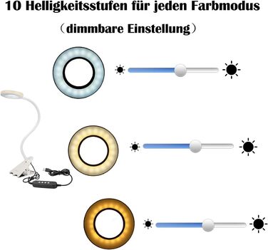 Письмовий стіл CeSunlight 10W Clamp Lamp, світлодіодна лампа для читання як приліжкова лампа, тепле світло, денне та біле світло 3 кольори, 10 режимів освітлення з регулюванням яскравості (адаптер у комплекті)