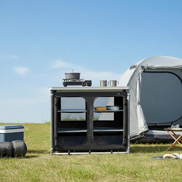 Складана кемпінгова шафа CampFeuer 102 см x 47 см x 83,5 см Кемпінгова кухня з 2 отворами на блискавці Кемпінгова полиця з алюмінієвою рамою Складана кемпінгова шафа, кемпінгова кухня, розкладна шафа