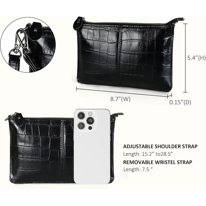 Стильна жіноча сумка-клатч на зап'ястя з натуральної шкіри Befen. Невеликий кросбоді з RFID-захистом та відділеннями для карток, чорний колір, імітація шкіри крокодила