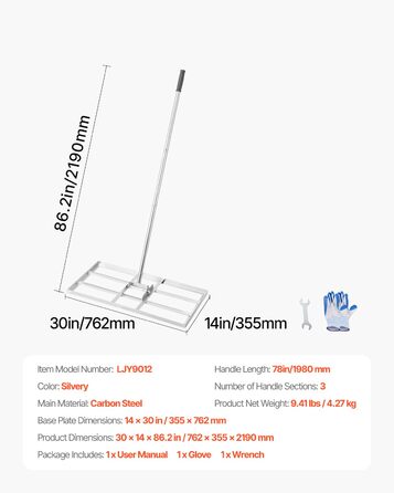 Вирівнювач газону з ручкою, розмір пластини 355x762 мм, граблі-вирівнювач з вуглецевої сталі, для вирівнювання газону, догляду за садом та гольф-полями