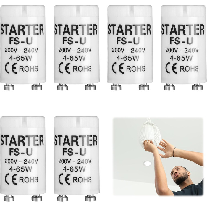 Стартер для люмінесцентних ламп, люмінесцентний для одноконтурної світлодіодної трубки лампи longlife light люмінесцентної лампи довготривалий стартер для люмінесцентних ламп LED лампи (6*4-65W), 6 шт.