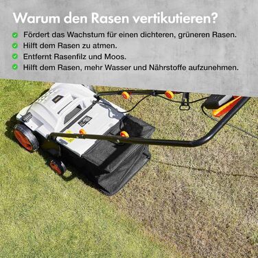 Електричний аератор/вертикуттер/граблі для газону 1500 Вт, для розпушування та прибирання газону, видаляє повсть, мох та листя, покращує аерацію ґрунту, мішок для збору 30 л, 4 рівні висоти зрізу, ширина робочого захоплення 32 см, потужність 1500 Вт