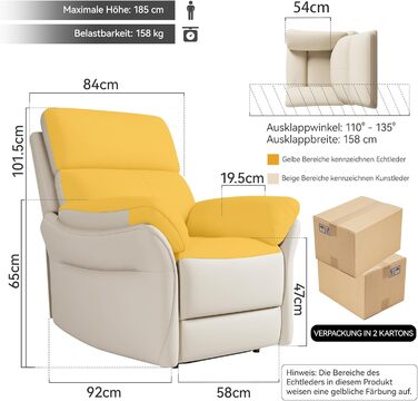 Крісло для відпочинку AIRSKY, крісло для телевізора зі справжньої шкіри з функцією відкидання, крісло для кінотеатру, крісло для сну, крісло для літніх людей, крісло для телевізора з функцією сну, крісло з ручним регулюванням для вітальні та спальні, беже