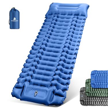 Килимок для сну для кемпінгу, надлегкий надувний кемпінговий матрац з ножним насосом та подушкою, складний водонепроникний надувний матрац, килимок для сну з антиріпстопним покриттям для походів, пляжний, для використання на свіжому повітрі, темно-синій