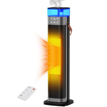 Енергозберігаючий електричний вентилятор-обігрівач, керамічний нагрівач PTC потужністю 2000 Вт з функцією зволоження, пульт дистанційного керування, коливання 75, 3 режими фонового освітлення, режим ECO, захист від перегріву та перекидання, 12-годинний та