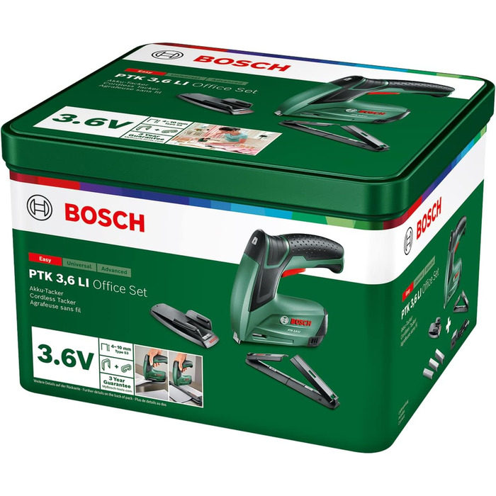 Акумуляторний степлер Bosch PTK 3.6 LI Office Set зі степлером для паперу та степлером для брошур (вбудований акумулятор, 3,6 вольта, комплект степлерів, 30 скоб/хв, у металевій бляшанці) PTK 3.6 LI 1.5 Ah Office Set