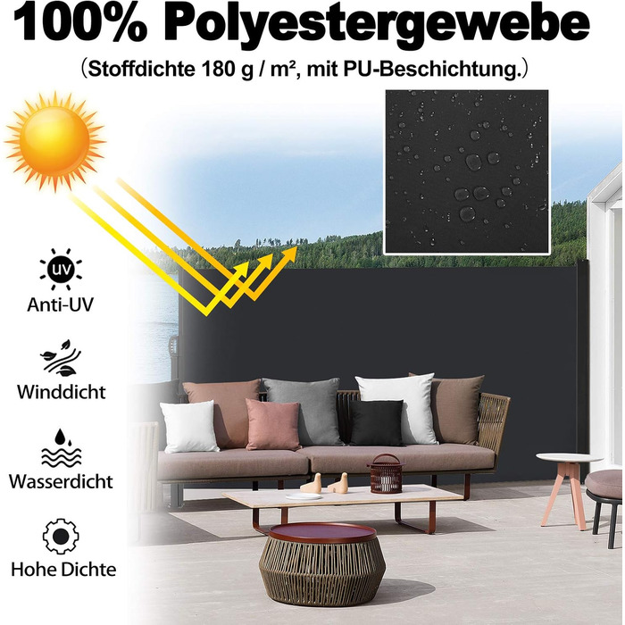 Бічний тент Aufun з алюмінію 200 x 300 см, розсувний непрозорий сонцезахисний тент з настінним кріпленням для балкону, тераси, саду - антрацитовий 200x300 см