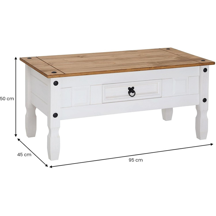 Журнальний столик CARO Furniture Campo в мексиканському стилі, стіл для вітальні/приставний столик, масив сосни, коричневий/білий лак, з 1 шухлядою