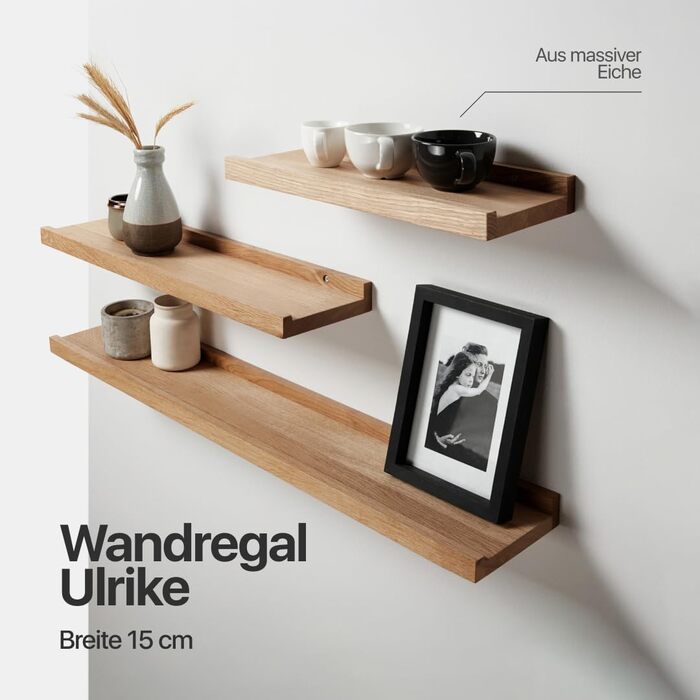 Дерев&39яна полиця для картин, настінна полиця, плаваюча полиця з дуба, полиця для коридору, дерев&39яний декор, настінна полиця, масив дерева (світлий дуб, ширина 80 см / глибина 15 см) Ширина 80 см / глибина 15 см світлий дуб