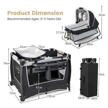 Складане дитяче ліжечко LIFEZEAL з тримачем для підгузків та сумкою для перенесення, знімне дорожнє ліжечко 4 в 1 з матрацом та пеленальний килимок, дитяче дорожнє ліжечко з музичним мобілем та лялькою, дитяча колиска для дітей від 0 до 36 місяців (сірий)