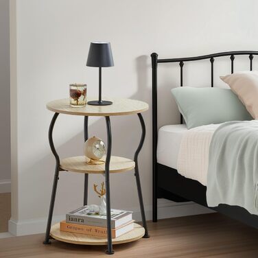 Круглий журнальний столик, 3-ярусний вінтажний журнальний столик, невеликий з міцним металевим каркасом, тумбочка біля ліжка, невеликий круглий диванний столик для вітальні, спальні, балкону, 40 x 40 x 55 см (дуб).