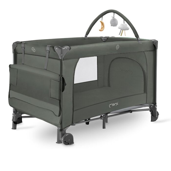 Дитяче та дитяче дорожнє ліжечко MoMi BELOVE PLUS 2-в-1, складне, 2 рівні для сну для немовлят до 9 кг та дітей до 15 кг з дитячим матрацом, ігровою ручкою, пеленальний килимок та сумка для перенесення, темно-зелений