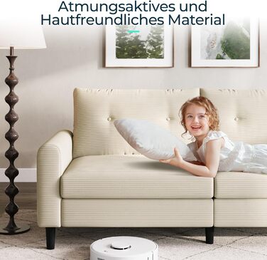 Місний диван LINSY HOME, ширина 201 см, диван з регульованою глибиною сидіння, невеликий диван-кутник для вітальні, спальні, квартири, офісу, бежевий, сучасний, 3-