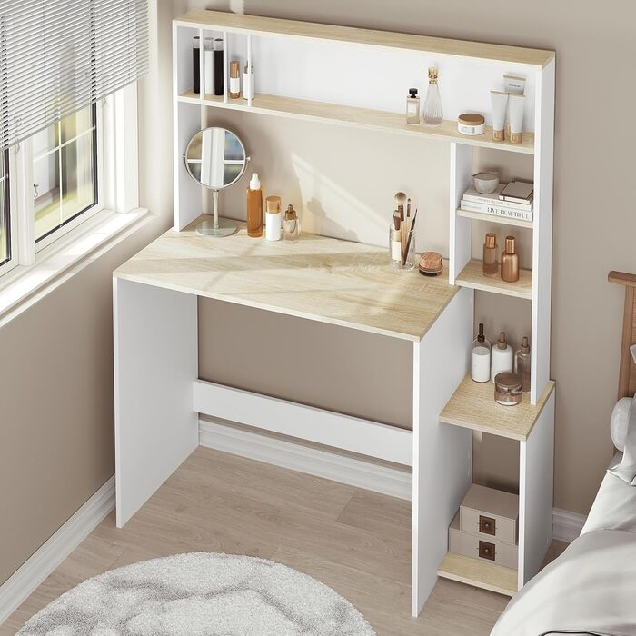 Письмовий стіл eSituro, комп&39ютерний стіл з 5 полицями, офісний стіл під біле дерево, ігровий стіл з місцем для зберігання, ПК-стіл для домашнього офісу, офісу, вітальні, 113,5x139x45 см білий дуб