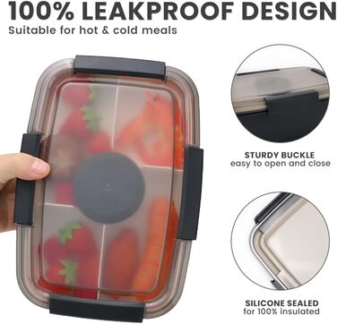 Ланчбокс Bugucat 2000 мл для дорослих, герметичний контейнер для обіду з роздільниками, бento-бокс для дітей, контейнер для салату з виделкою, для школи, пікніка чорний