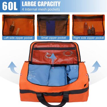 Чоловіча спортивна сумка MIER, водостійка дорожня сумка, великий міцний трансформований спортивний рюкзак з ремінцями для рюкзака та відділенням для взуття для спортзалу, спорту, подорожей, сумка для речей, 60 л/90 л помаранчевого кольору 60 л